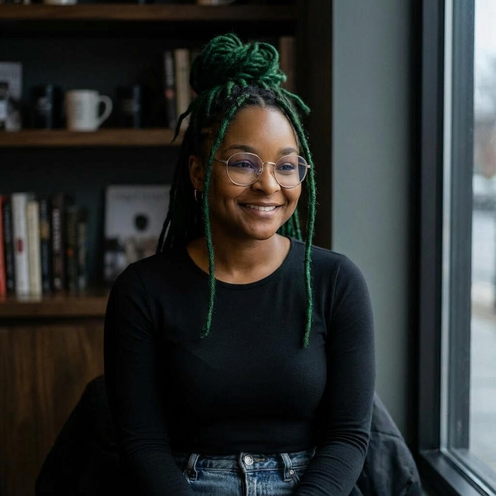 Black woman in gray sweater holding white coffee mug, looking thoughtfully out window in warm natural light